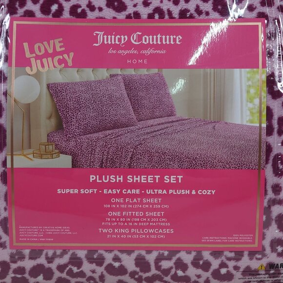 Juicy Couture King Plush Sheet Set Leopard Print Ultra Plush & Cozy Purple - Picture 6 of 8
